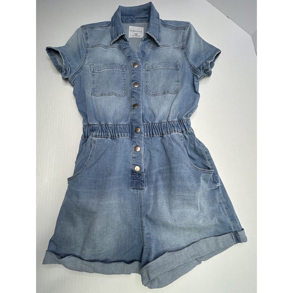 Celebrity Pink Romper Jumpsuit Juniors Small 3-5 Blue Denim Snap Button Cuffed